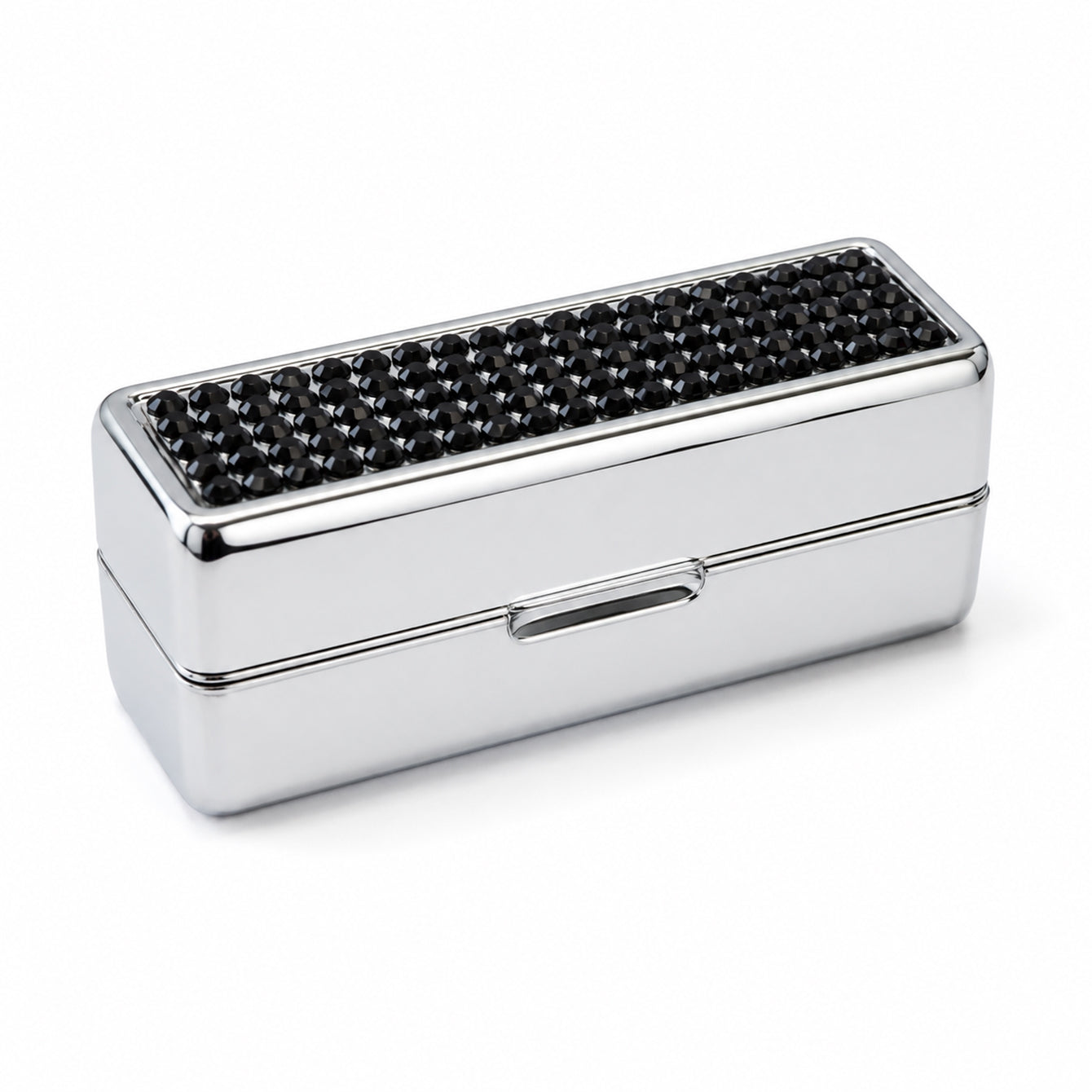Black rhinestone rectangular lipstick case with chrome-plated metal shell