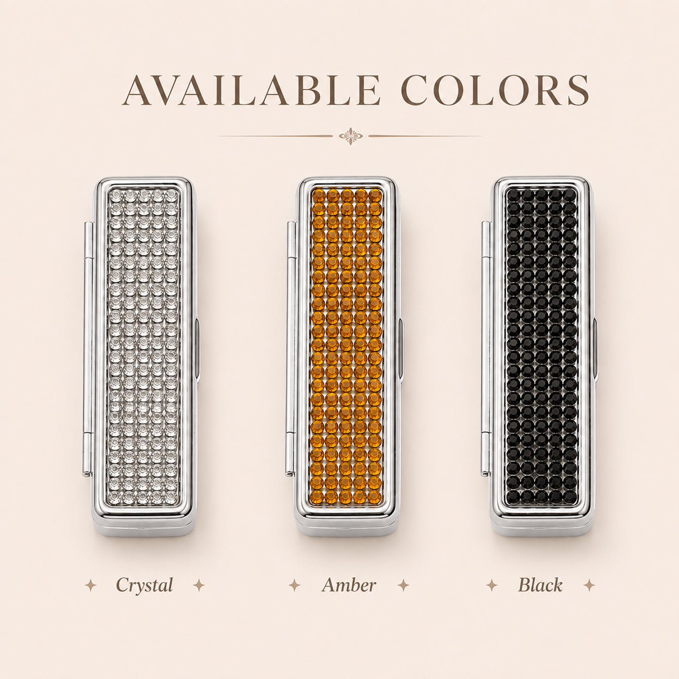 Rectangular rhinestone lipstick case available colors Crystal Amber and Black