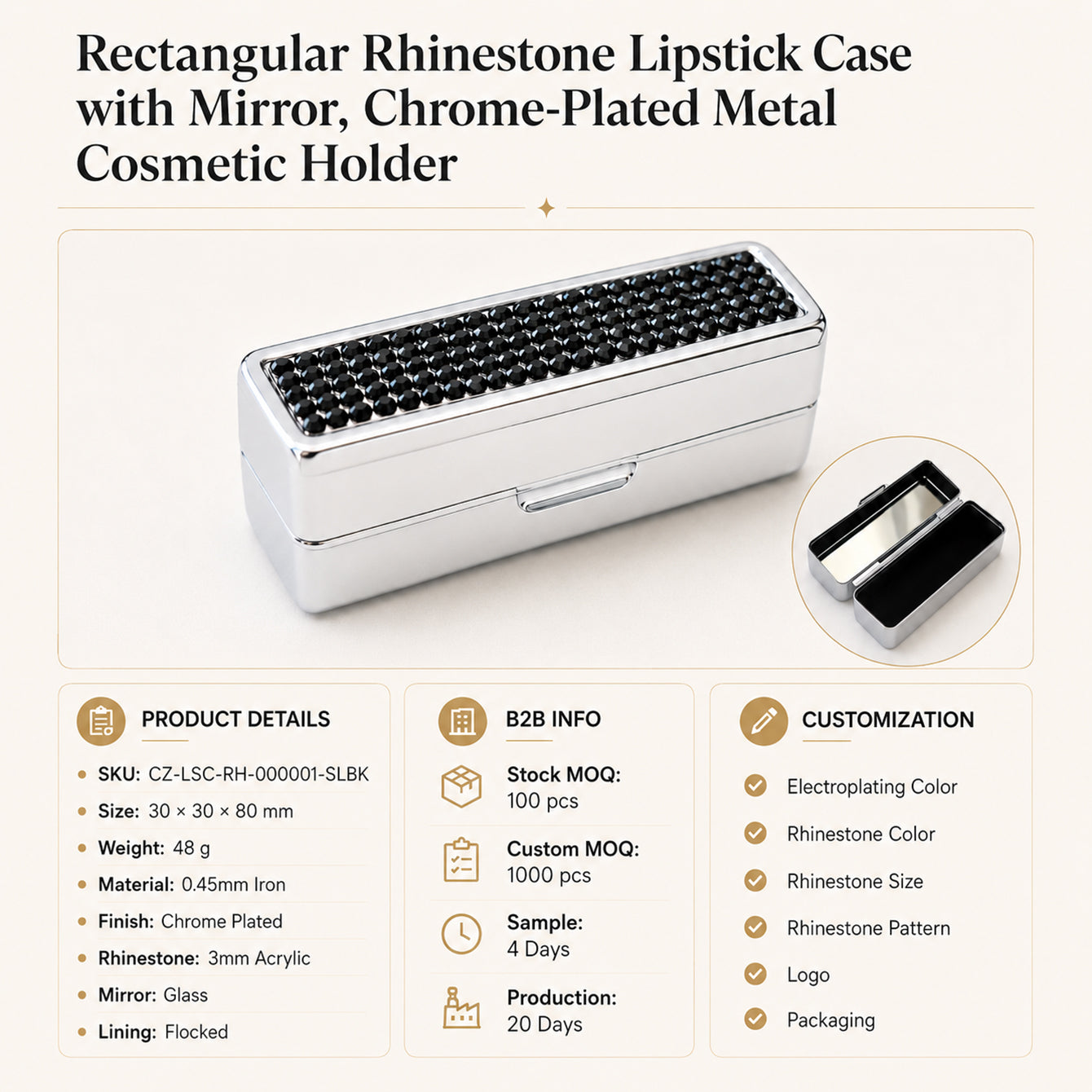 B2B product information for rectangular rhinestone lipstick case with mirror