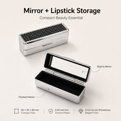 Rhinestone lipstick case showing built-in mirror and flocked interior storage