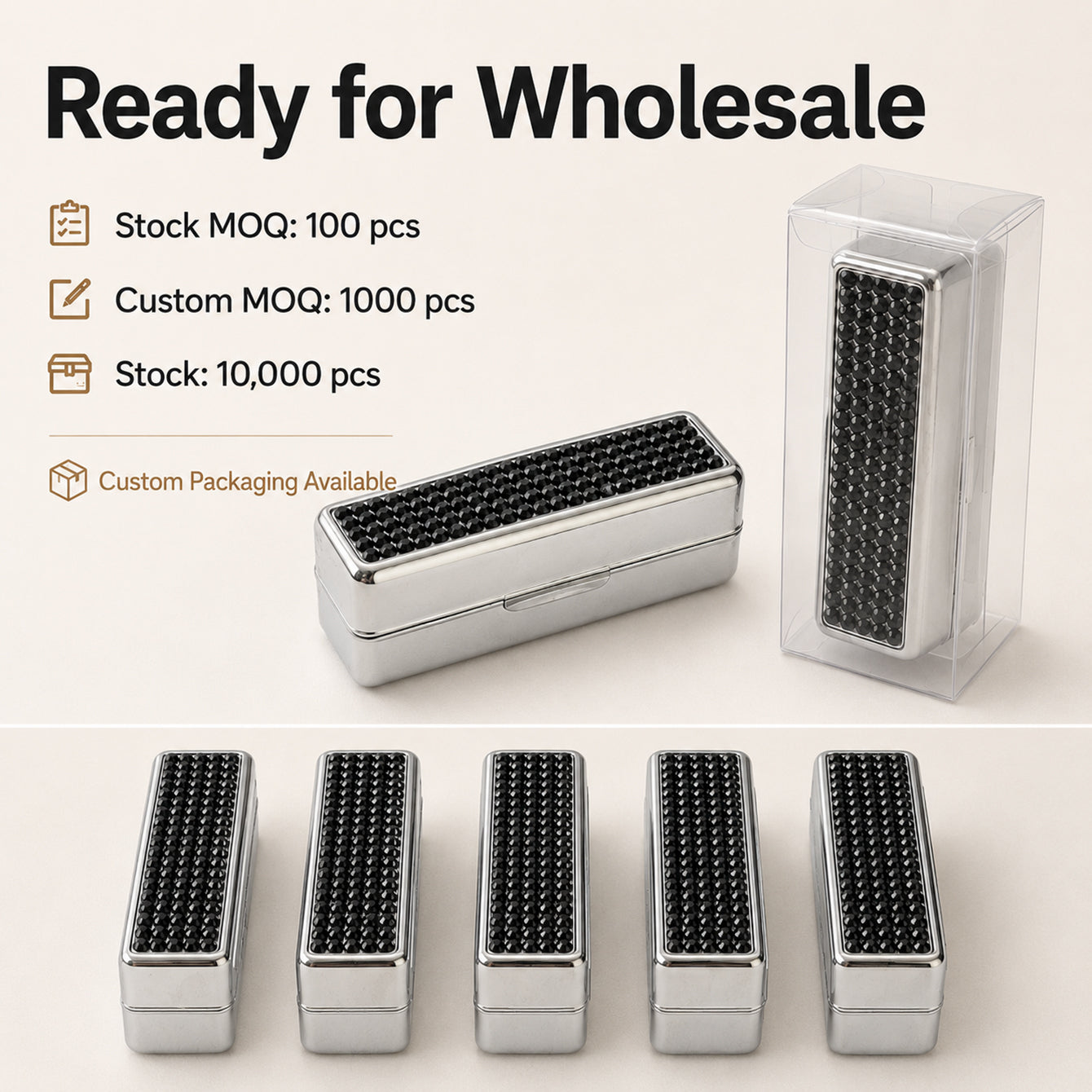 Rhinestone lipstick case with clear PVC packaging for wholesale orders