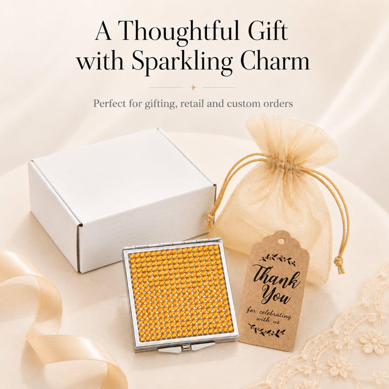 Rhinestone compact mirror with white box and organza gift bag