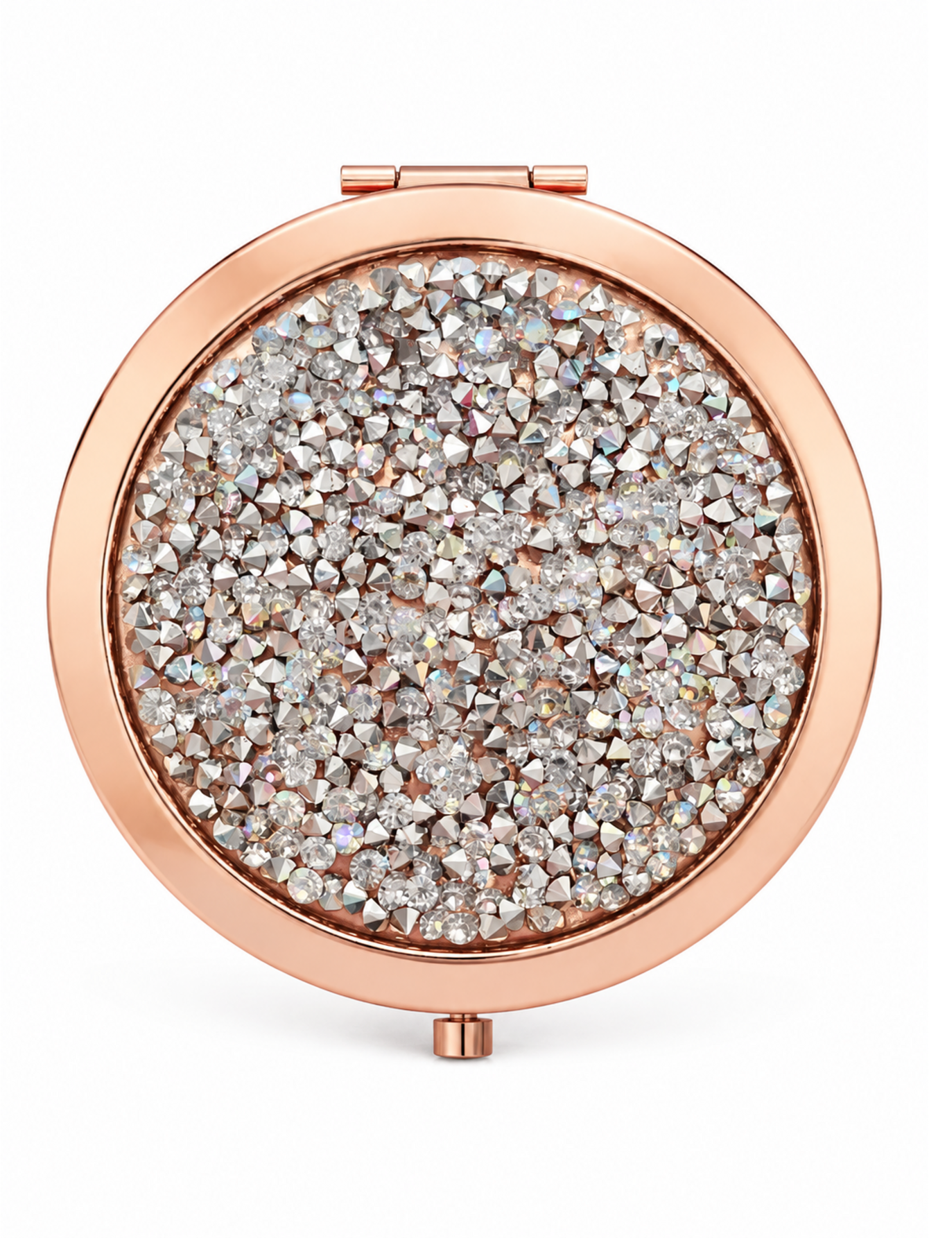 Rose gold clear crystal rhinestone compact mirror, 70 mm round pocket mirror