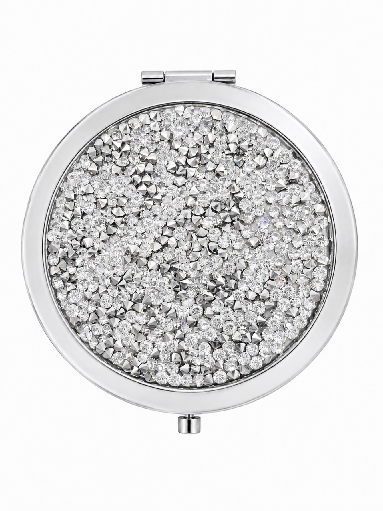 Silver clear crystal rhinestone compact mirror, 70 mm round pocket mirror