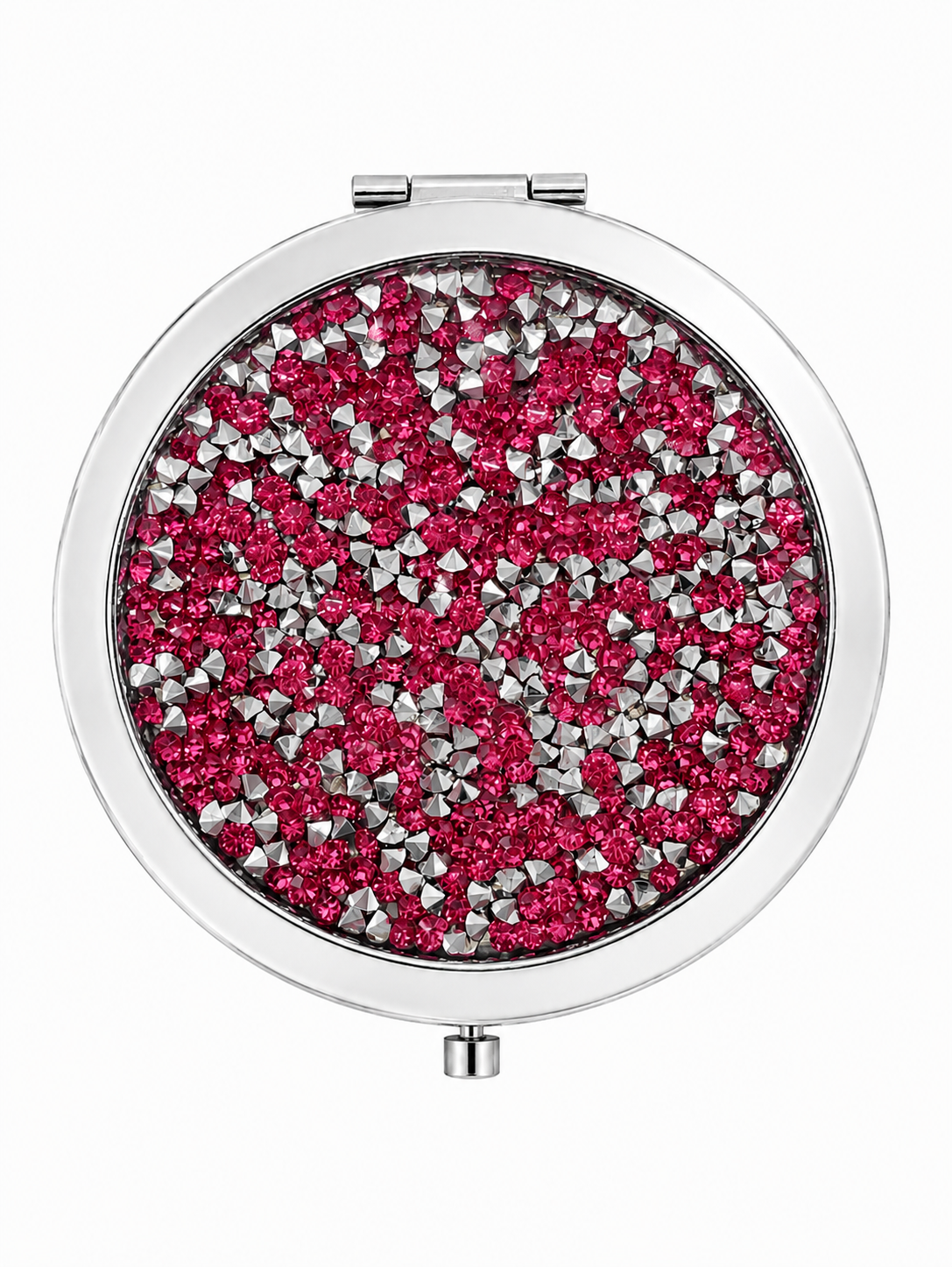 Silver raspberry crystal rhinestone compact mirror, 70 mm round pocket mirror