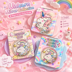 Three unicorn liquid glitter quicksand compact mirror designs