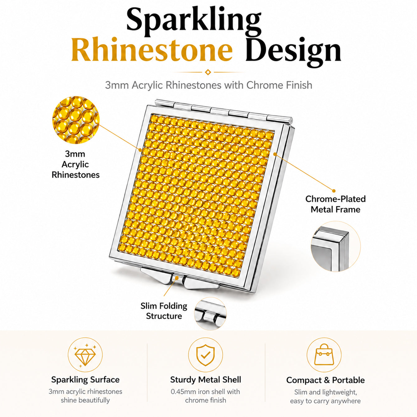 Yellow rhinestone compact mirror structure and chrome-plated frame